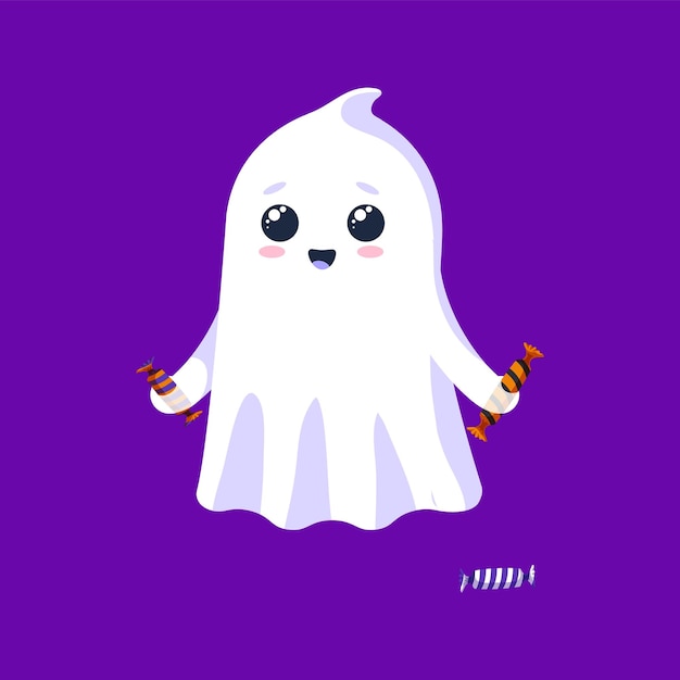 Vector cartoon halloween kawaii ghost character holding candies isolated vector baby spook personage with a friendly smile ready to share dessert treats and spread sweetness at trick or treat party