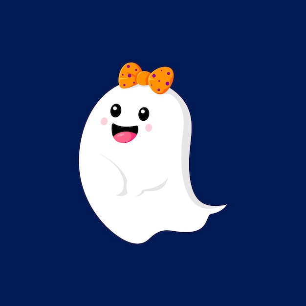 Cartoon Halloween kawaii ghost girl with hair bow horror night holiday vector funny character Cheerful flying Halloween boo ghost happy smiling baby with orange hair bow for trick or treat party