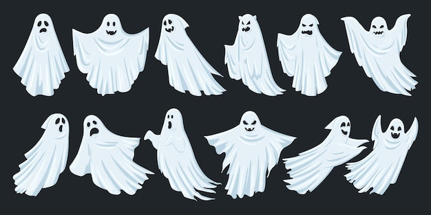 Cartoon halloween night ghosts mysterious spirit shadow ghostly monsters vector illustrations set