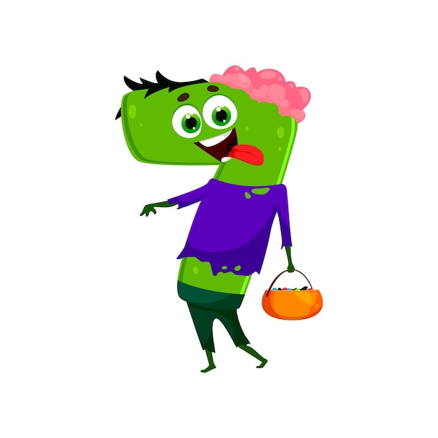 Cartoon Halloween nummer 7 in dode zombie kostuum vakantie nacht vector grappig karakter nummer zeven in Halloween kostuum van ondood monster met hersenen en glimlach gezicht voor kinderen trick or treat party