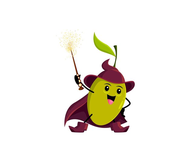 Cartoon Halloween olive vegetable wizard character. Mystical and wise vector veggies possesses a wand that harnesses ancient powers. Enchanting personage commands forces of magic with grace and skill