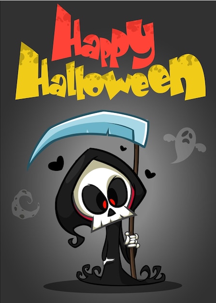 Cartoon Halloween poster with cute reaper with scythe