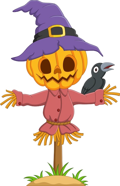 Cartoon halloween pumpkin scarecrow with crow