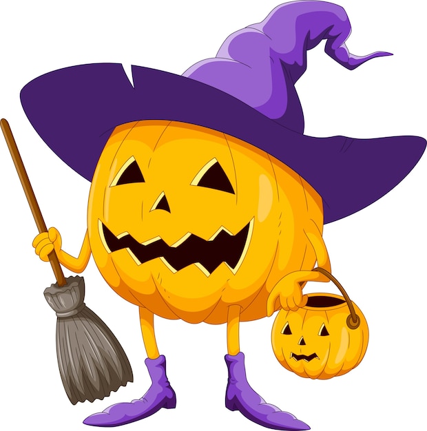 Vector cartoon halloween pumpkin wearing witch hat