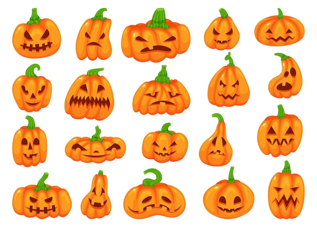 Cartoon Halloween pumpkins with scary faces fall decor elements vector set