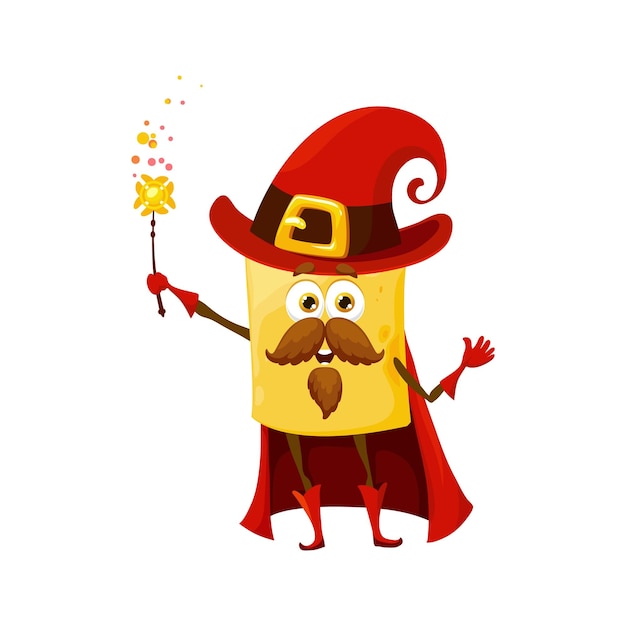 Cartoon Halloween quadretti pasta wizard karakter Warlock goochelaar of tovenaar Italiaanse pasta vrolijke vector mascotte Wizard quadretti komisch karakter of kinderachtig personage met toverstaf