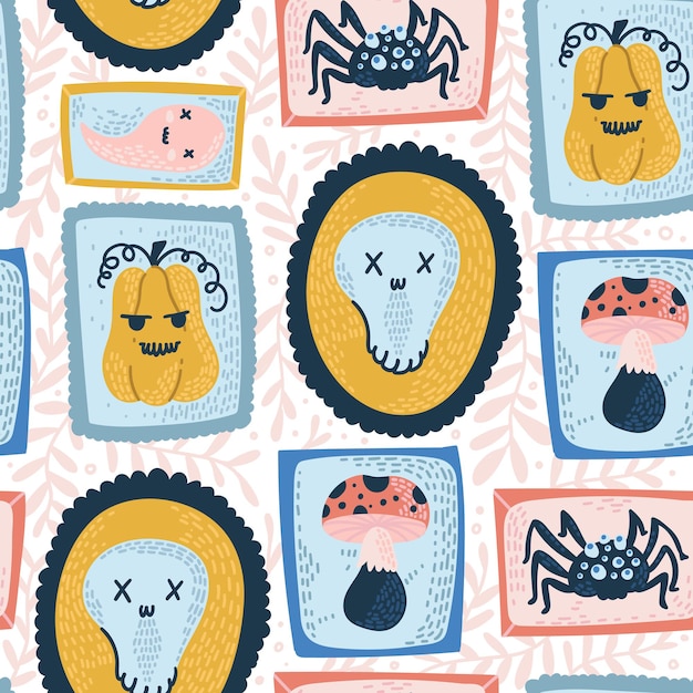 Vector cartoon halloween seamless pattern. magic hand drawn doodle elemetns.