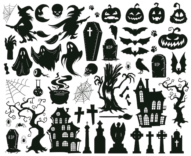 Vettore cartoon halloween spettrale sagome malvagie streghe mostri e set di illustrazioni vettoriali fantasma raccapricciante