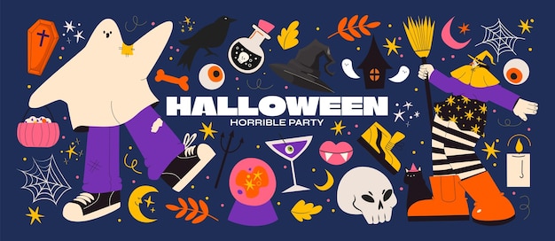 Cartoon halloween-stickers in jaren 90 groovy stijl spookkarakter hoed kat retro halloween-elementen