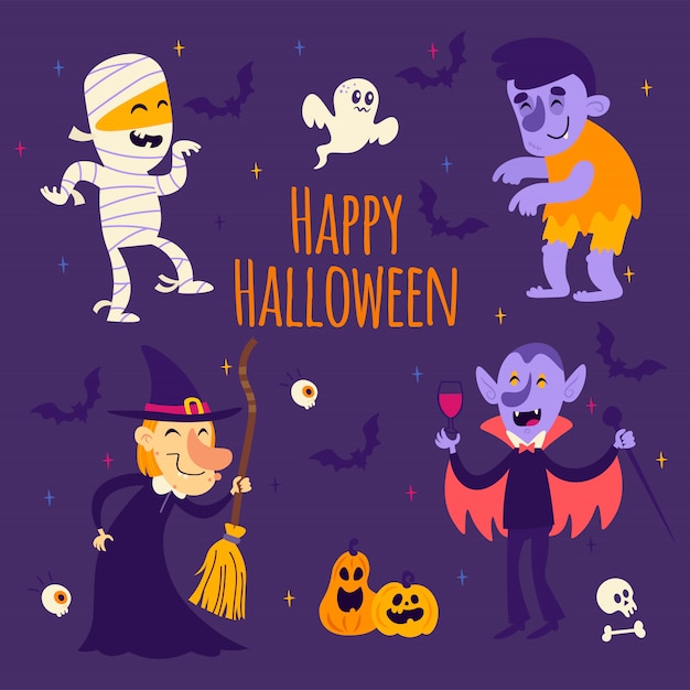 Вектор Мультяшные наклейки на хэллоуин: мама, ведьма, вампир, призрак, тыква, летучая мышь, зомби