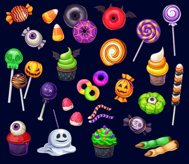 Cartoon Halloween sweets cupcakes lollypops