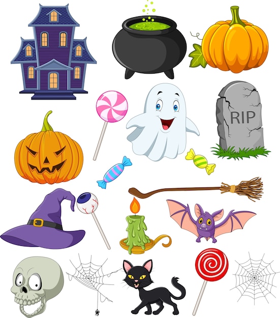 Vector cartoon halloween symbols collection set