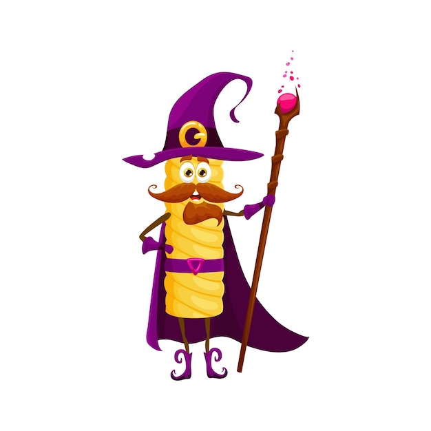 Cartoon Halloween tortiglioni pasta mage character Italian cuisine meal mage magician or warlock happy vector character Pasta wizard comical mascot or tortiglioni childish personage with staff