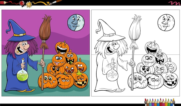 Vector cartoon halloween witch character coloring page