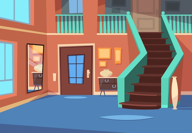 Cartoon hallway. House entrance interior with stairs and mirror. 