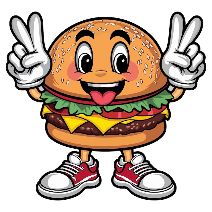 Vector cartoon hamburger character with smiling face and peace sign cute fast food mascot vector