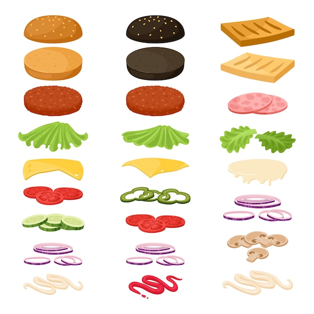 Cartoon hamburger en sandwich ingrediënten Broodje groenten vlees patty fastfood constructor varkensvlees kaas en saus platte vectorillustratie ingesteld op witte achtergrond