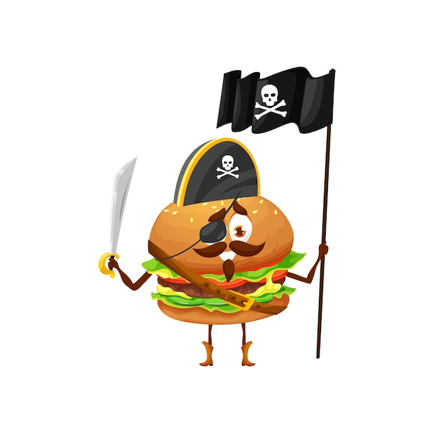 Cartoon hamburger pirate captain with flag