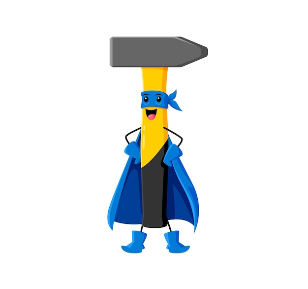 Cartoon hammer superhero character Isolated vector construction tool wear blue cloak and mask stand with arms akimbo with mischievous grin on face Whimsical instrument ready for fixing and repair