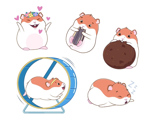 Vector cartoon hamster with hearts, cookie, seed, in a running wheel, sleeping, set of illustrations