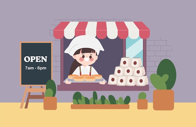 Cartoon hand drawn character chef in bakery shop. Character vector design.