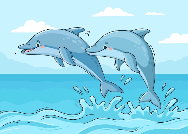 Cartoon hand drawn couple of cute dolphins jumping out of the water