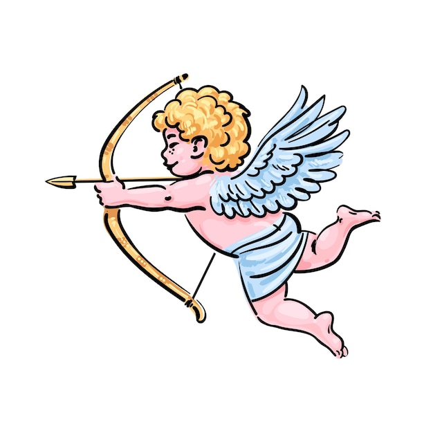 Cartoon hand drawn Cupid aiming a bow and arrow