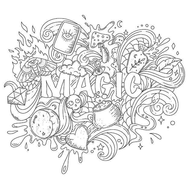 Cartoon hand drawn doodles about magic Magic coloring page