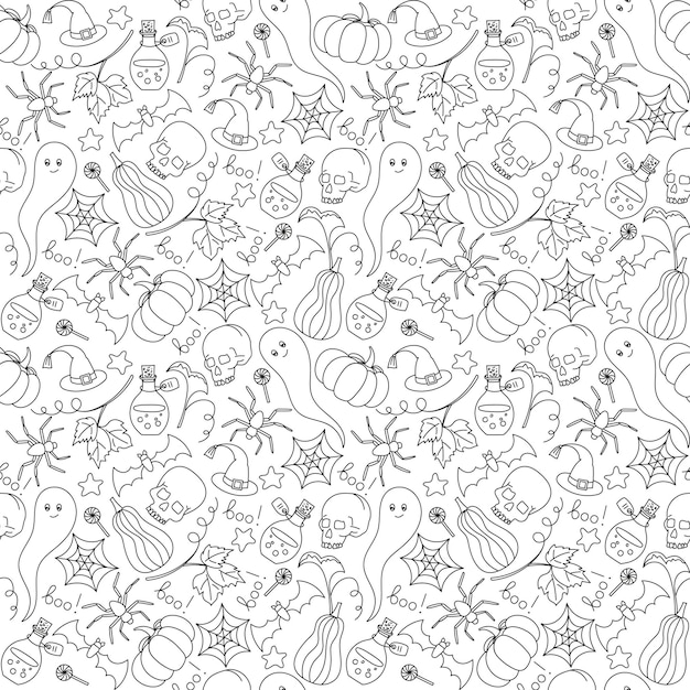 Cartoon hand drawn Doodles Halloween symbols seamless pattern