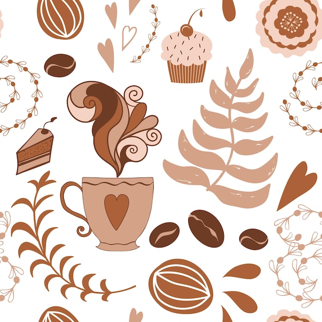 Мультяшные рисованные каракули на тему кафе кафе тема бесшовный узор скатерть чашка чая кофе в зернах кекс ботаническая ветвь цветок векторная иллюстрация фон обертка обои