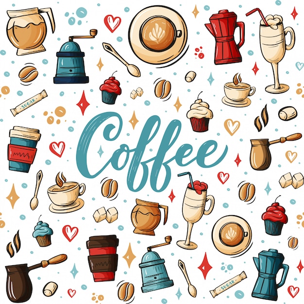 Cartoon hand-drawn doodles on the subject of cafe, coffee shop theme seamless pattern.