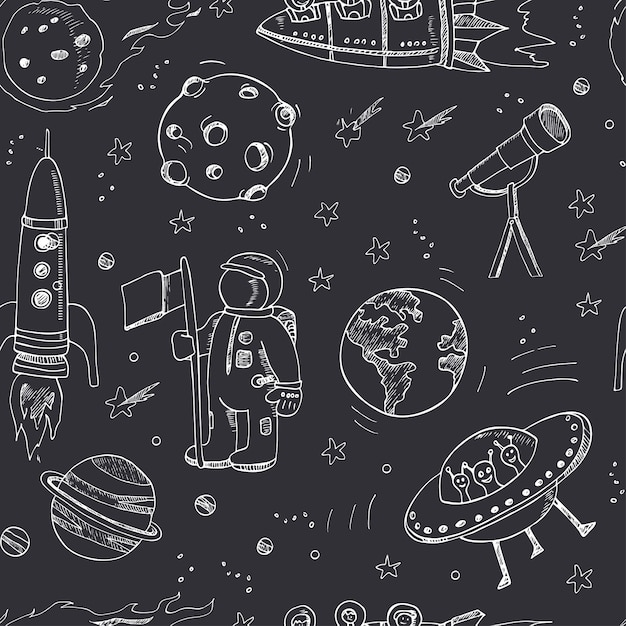 Cartoon hand drawn doodles on the subject of space seamless pattern.