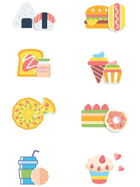 Cartoon hand drawn food, snacks, desserts, food drinks, flat icons