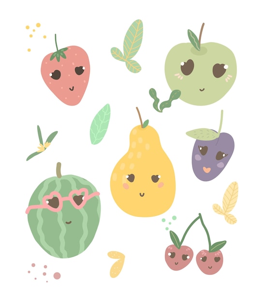 Cartoon hand drawn set of fruit characters Clipart bright fruits Illustration for children's book poster stickers