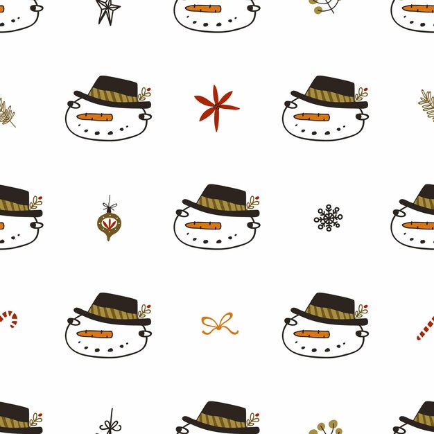 Cartoon hand drawn smiling snowman in hat christmas vector seamless pattern