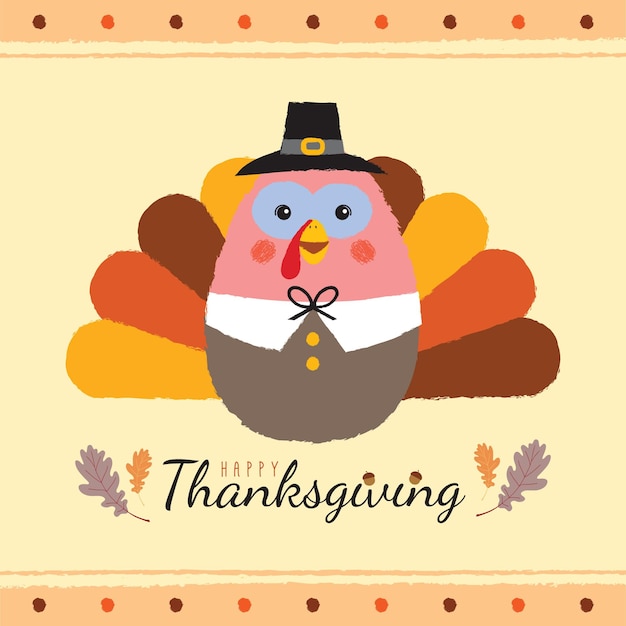 Vector cartoon hand drawn thanksgiving pilgrim turkey bird with oak leaf and acorn.