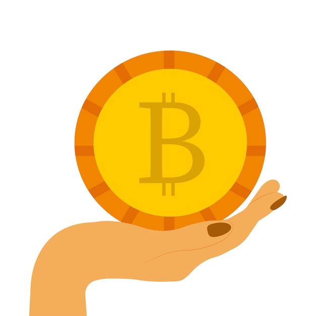 Cartoon hand holding bitcoinfinance money concept golden coins design element vector illustration