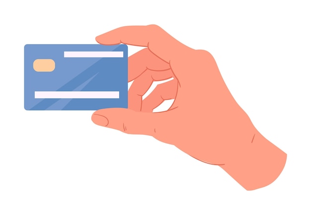 Vector cartoon hand holding credit card human hand with bank debit card flat vector illustration on white background