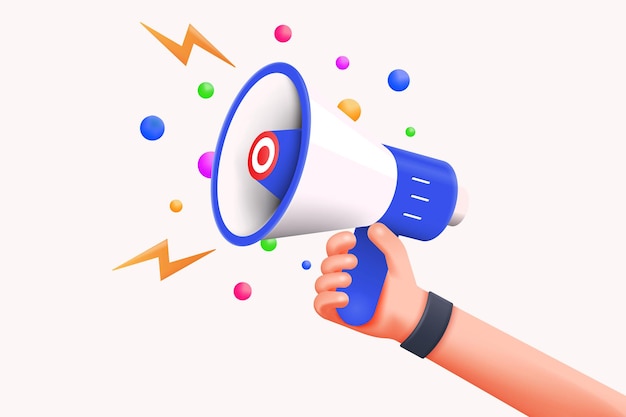 Cartoon hand holding megaphone 3d render on white background with copy space. Digital Marketing concept. 3d Vector illustration