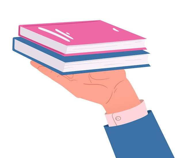 Cartoon hand met boek vast Hand met boeken lezen studeren en literatuur liefdevolle concept platte vectorillustratie Papieren boeken in menselijke hand