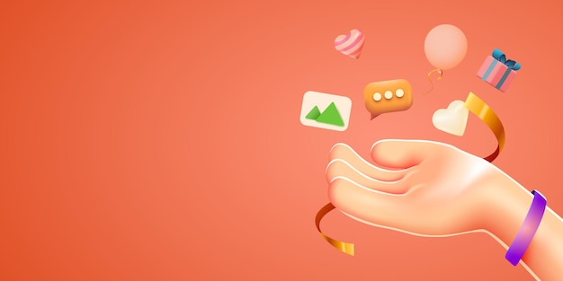 Cartoon hand with decorative objects flying around social media or multimedia concept