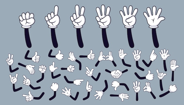 Вектор Мультяшные руки. комические руки с четырьмя и пятью пальцами в белой перчатке с различными жестами, мультфильм.