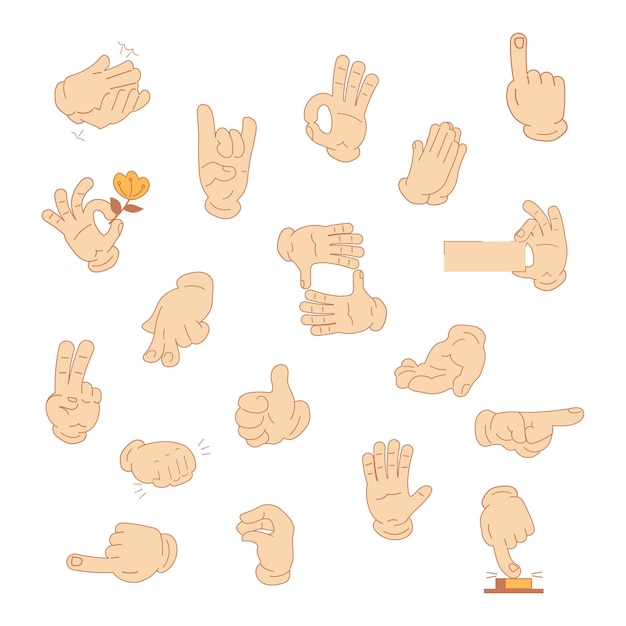 Cartoon hands in gloves. Human character palms and fingers showing gestures ok, direction, thumbs up