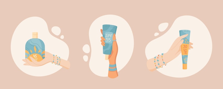 Vector cartoon hands hold sun screen product set abstract spot with uv protection cream bottle isolated