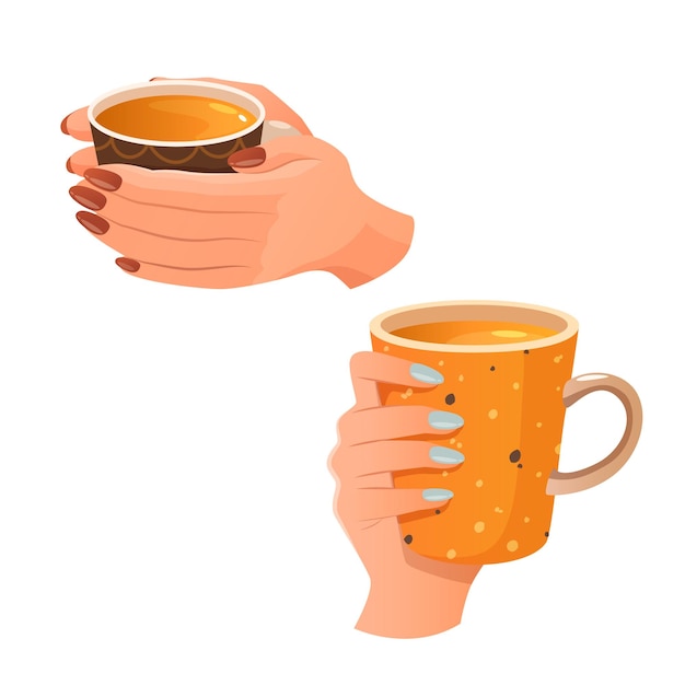 Cartoon hands holding cups of warm beverage drinks