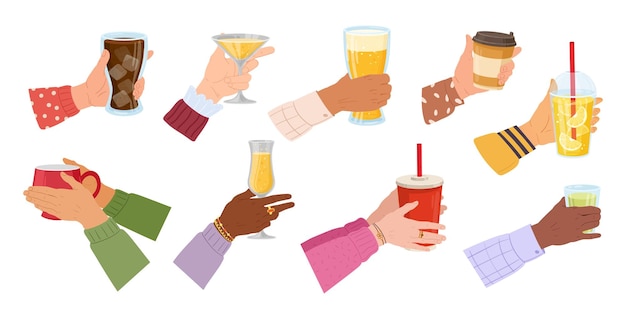 Vector cartoon hands holding drinks human hand with coffee mug tea cup water or wine glass cold and warm beverages in female hands flat vector illustration set various beverages collection