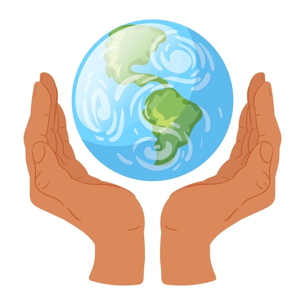 Cartoon hands holding earth Save the planet Earth day concept flat vector illustration Hands hold globe