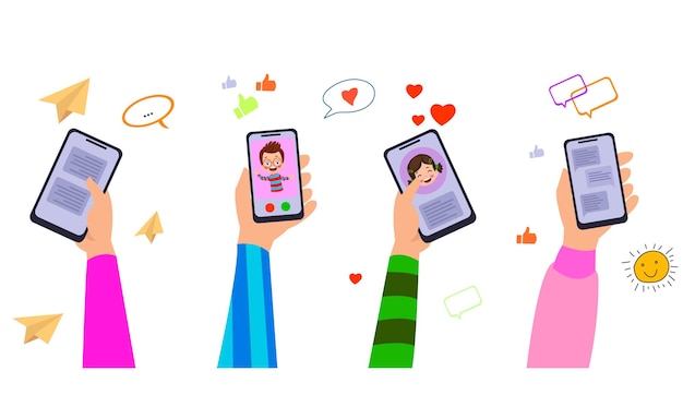 a cartoon of hands holding phones with a picture of a girl on the screen.