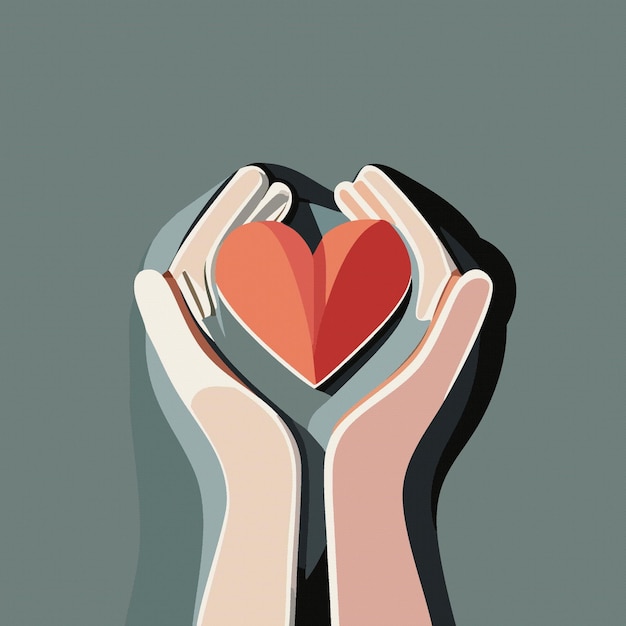 Cartoon hands holding red heart as protective donation and charity concept vector illustration