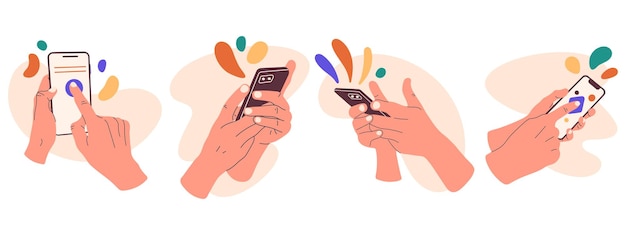 Vector cartoon hands holding smartphone human hand touch screen mobile phones users fingers scrolling and tapping device screens flat vector illustration set